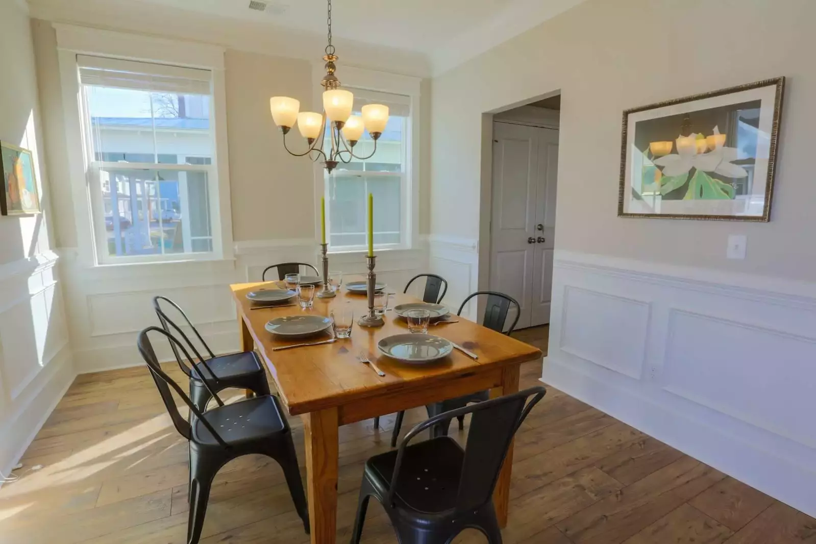 The dining room is the first room on the left once you enter the front door.