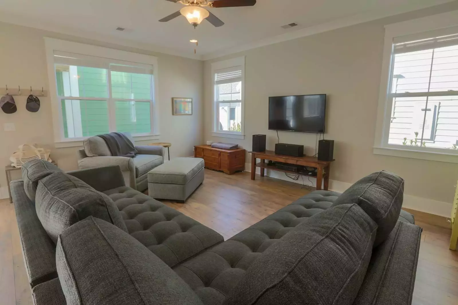 Relax and unwind on our large, comfy couch and overstuffed chair in the living room.