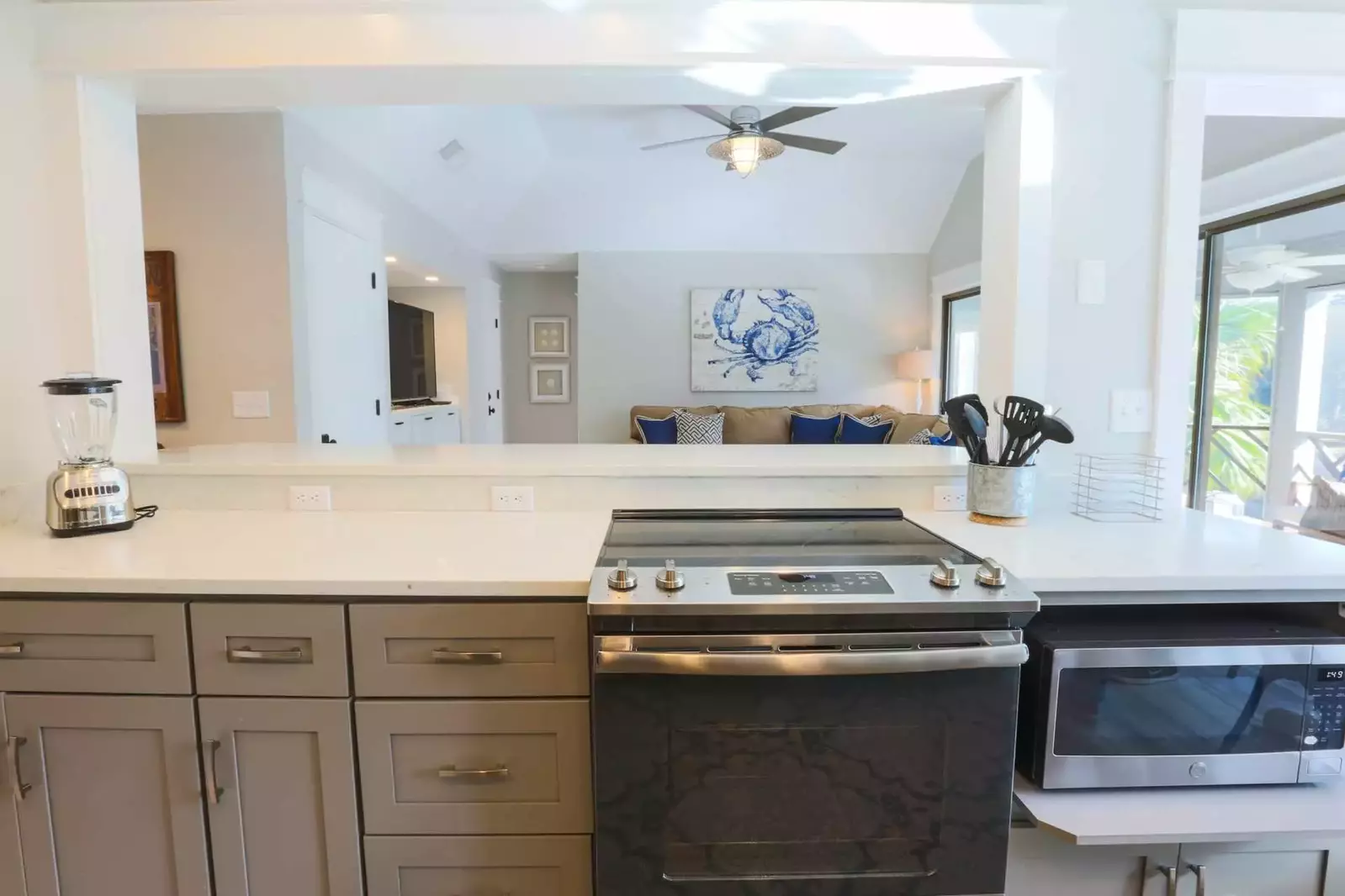 You can watch TV or chat with your guests while you prepare your feast in the kitchen.