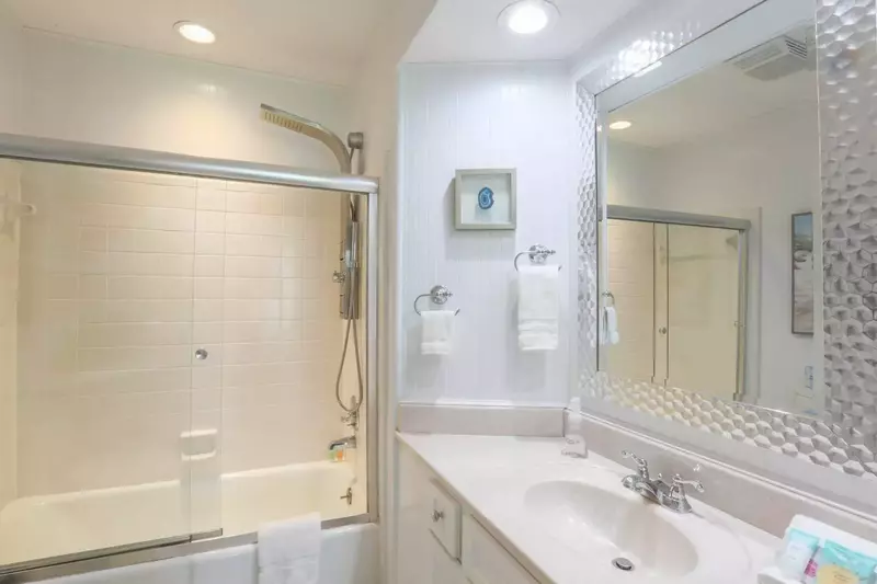The master bathroom also has a vanity with undercounter storage, hairdryer and corner shelves.