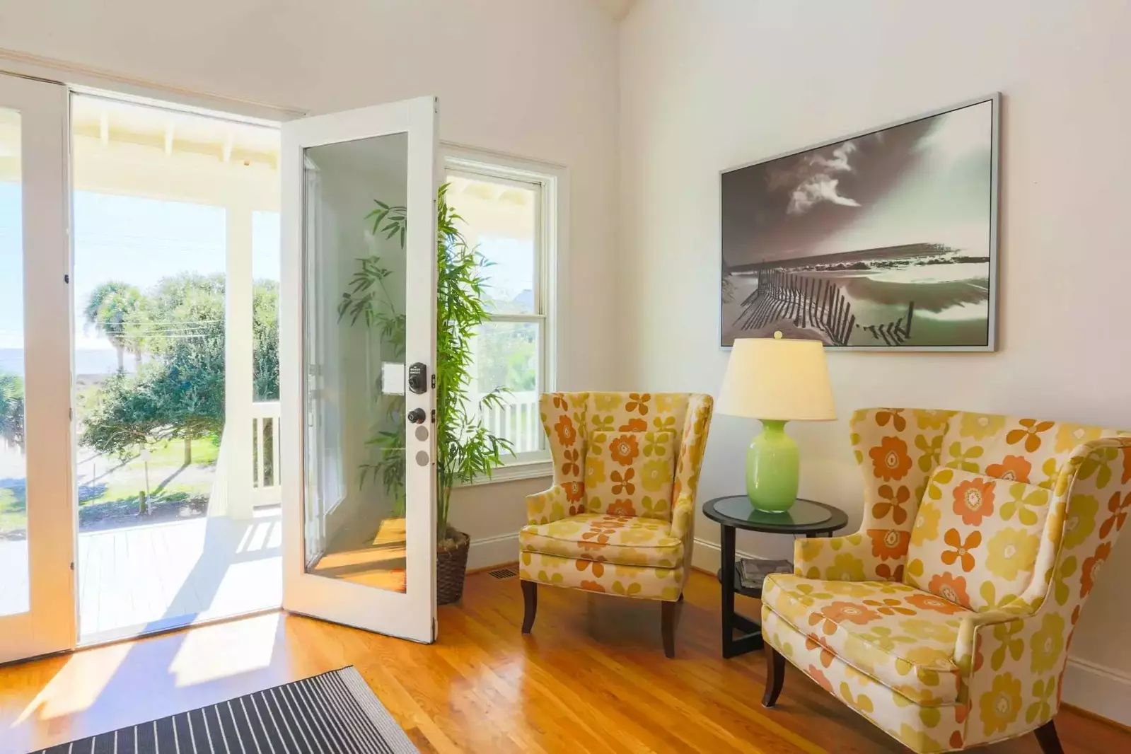 When you enter the front door, you'll find a comfortable living room with hardwood floors.