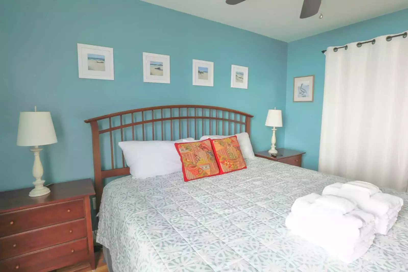 The king bed in the master bedroom will be made in advance of your arrival with freshly laundered sheets.