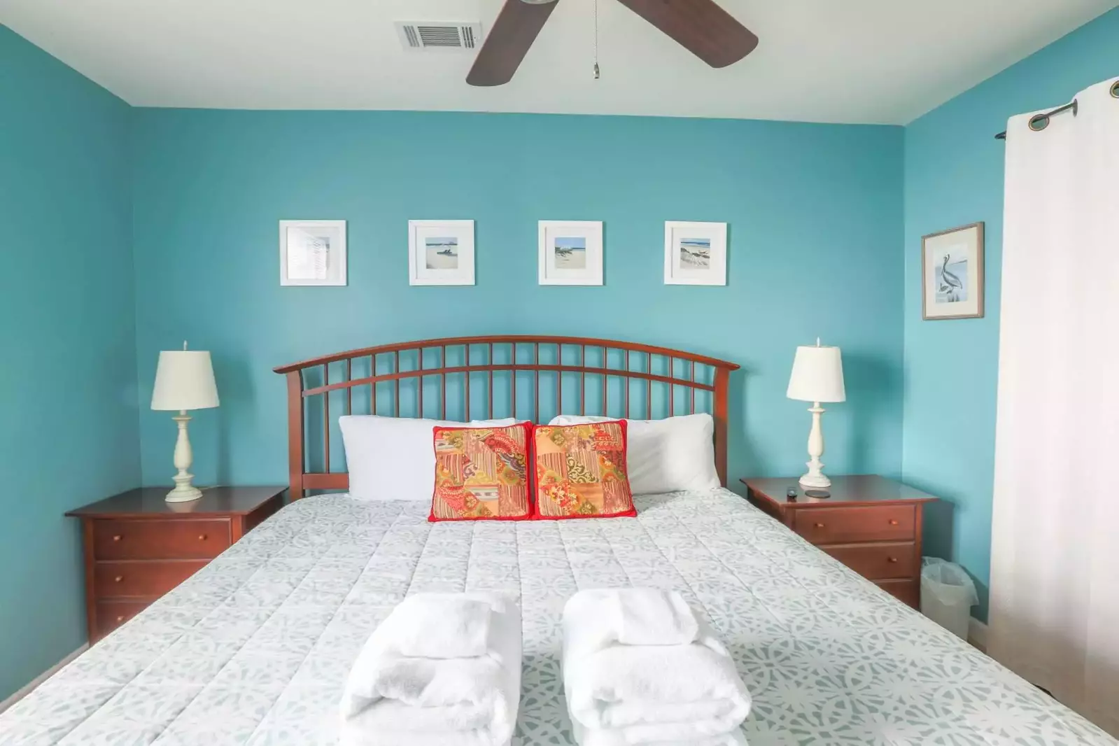 The freshly painted bedroom walls will remind you that you are on a beach vacation.