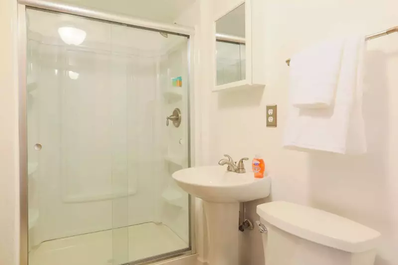 This bathroom near the laundry room & playroom has a walk-in shower.