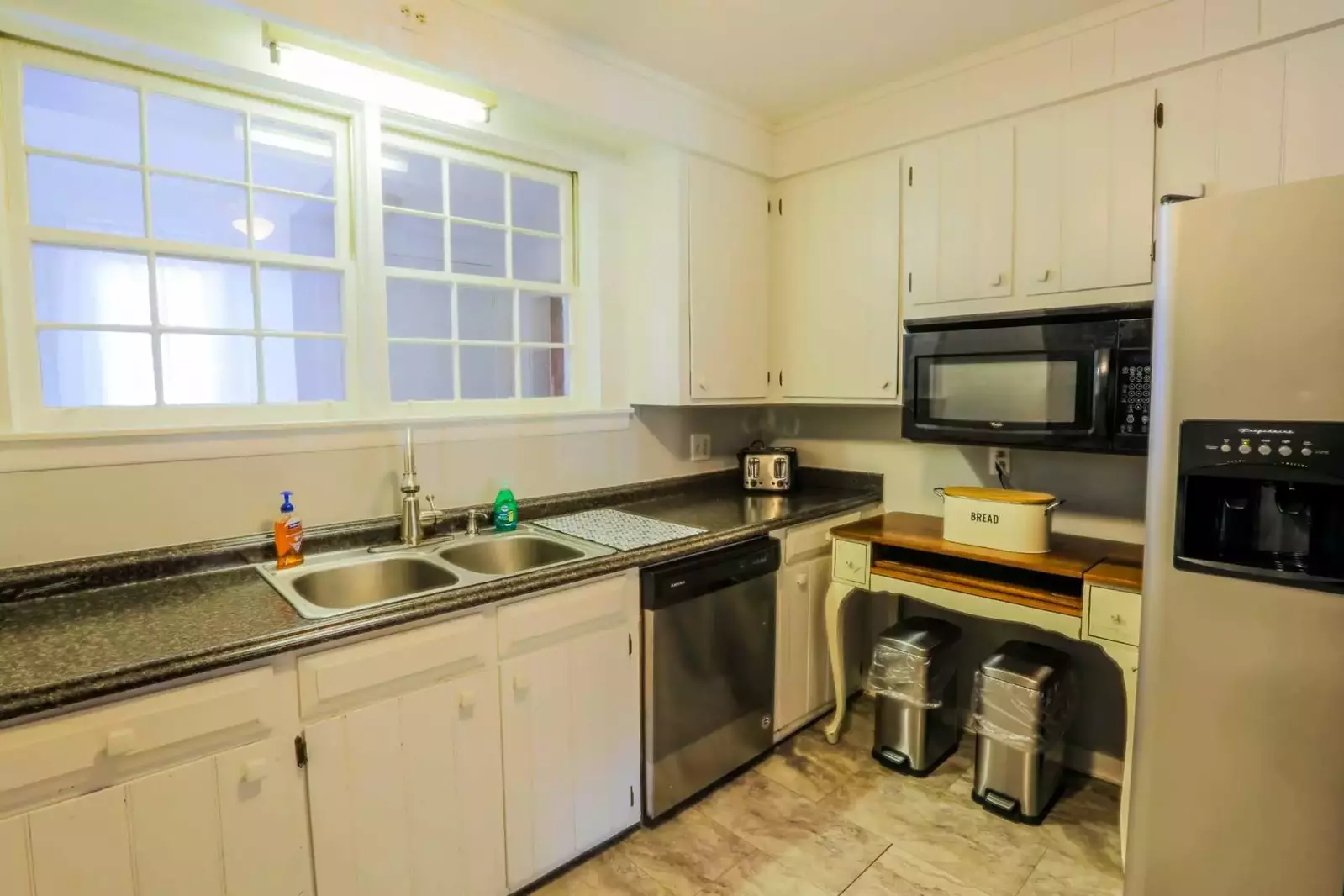 There's also a dishwasher, microwave and refrigerator in the kitchen.