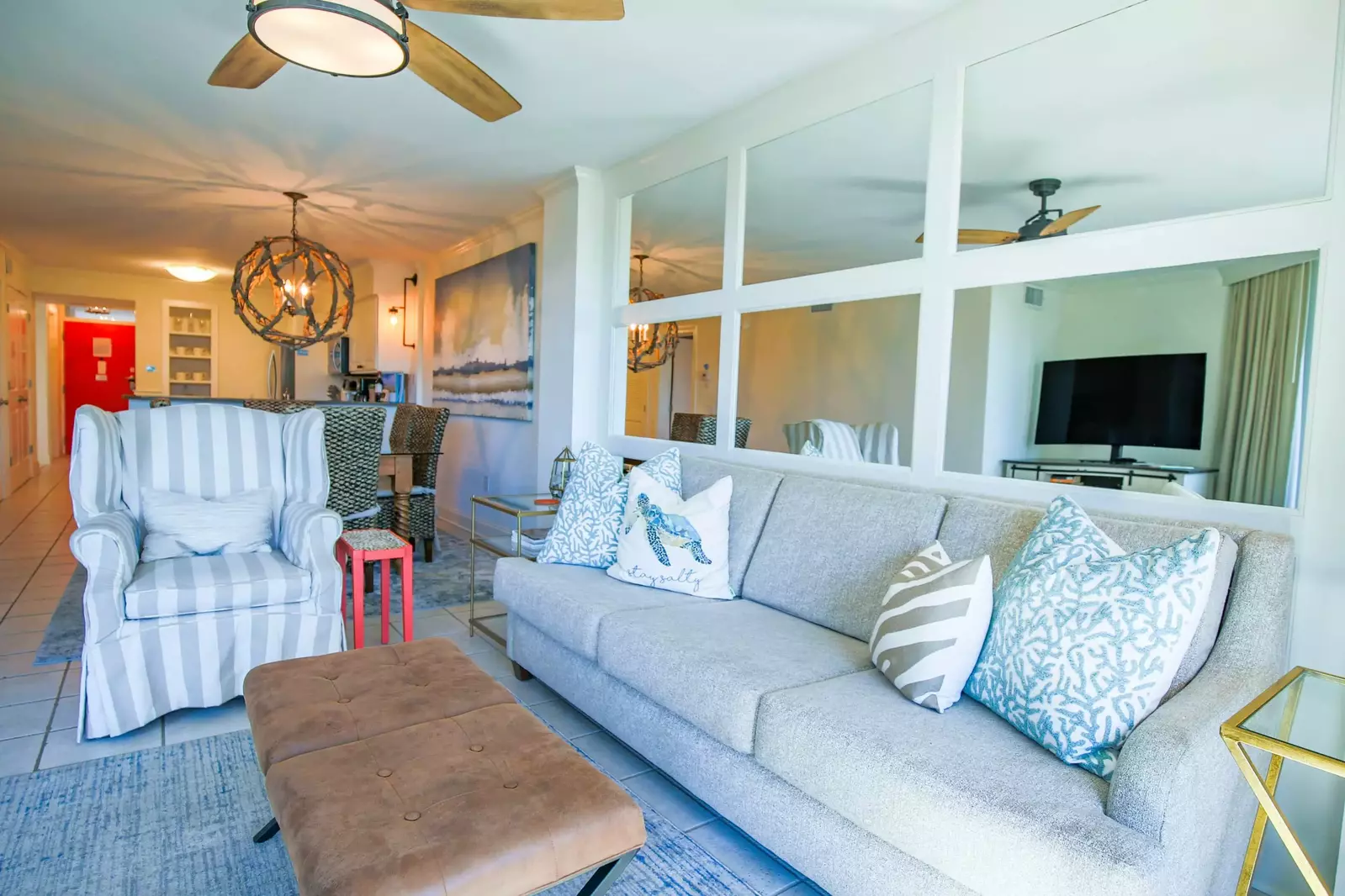 The living room sofa converts to a full sized sofa bed.