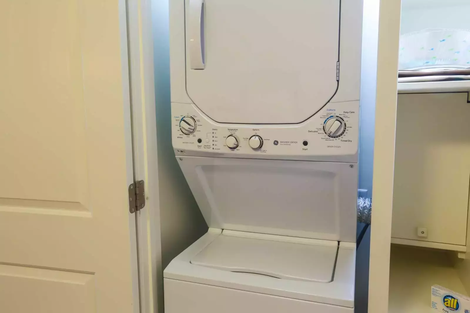 There's a stackable washing machine and dryer available in the home for your use.