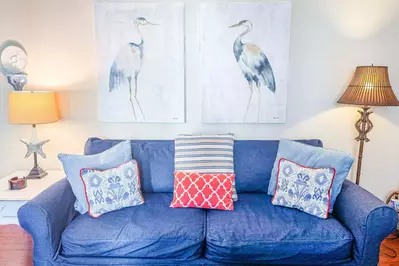 When you step inside the front door, you'll enter the home's comfortable living room complete with two herons.