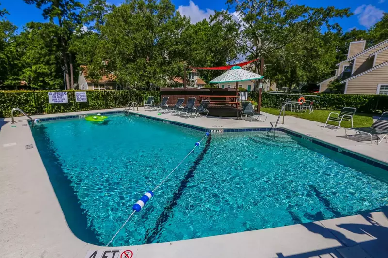 There are lounge chairs, a picnic table and bathrooms available for your use in the pool area.