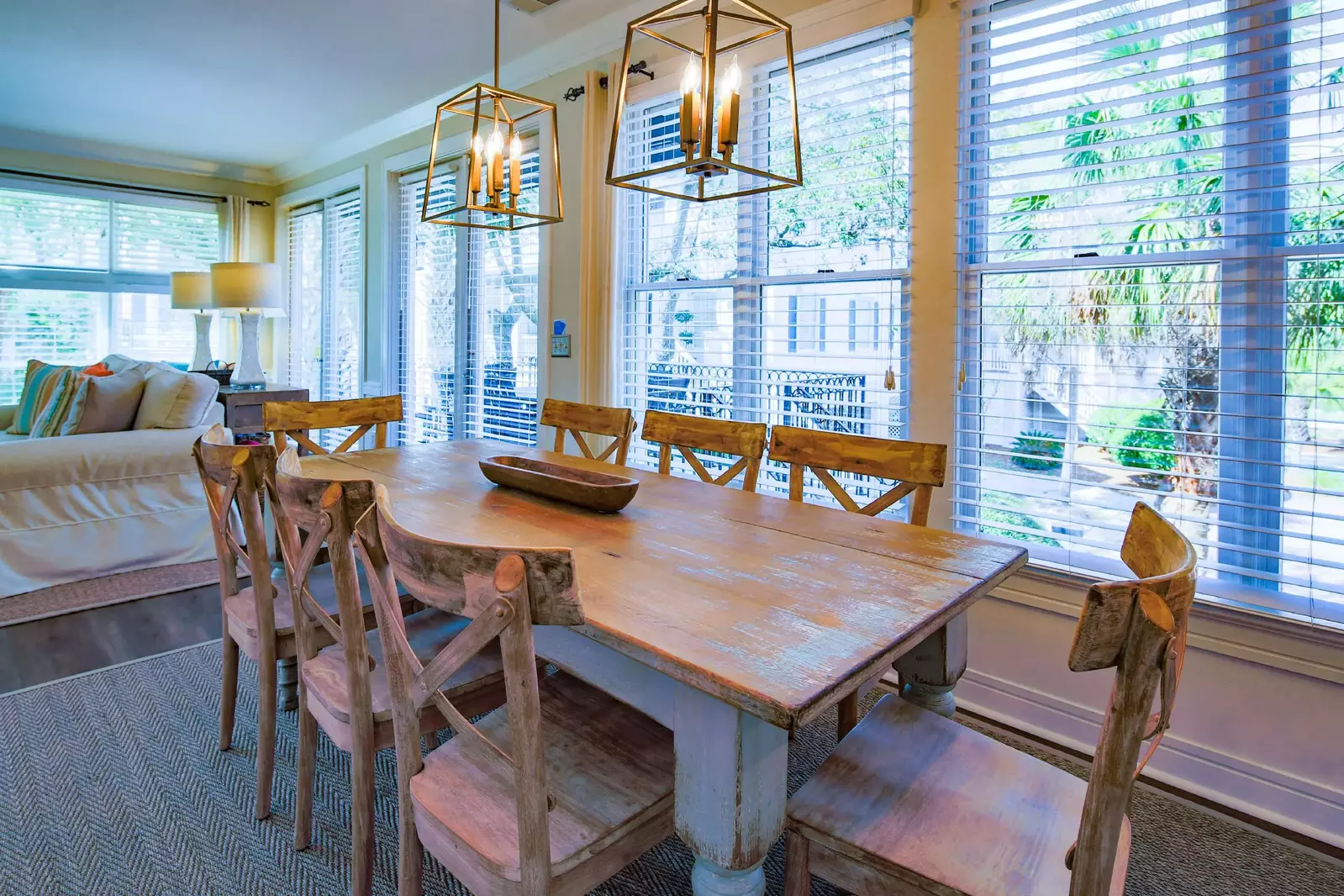 The indoor dining table comfortably seats 8 people.