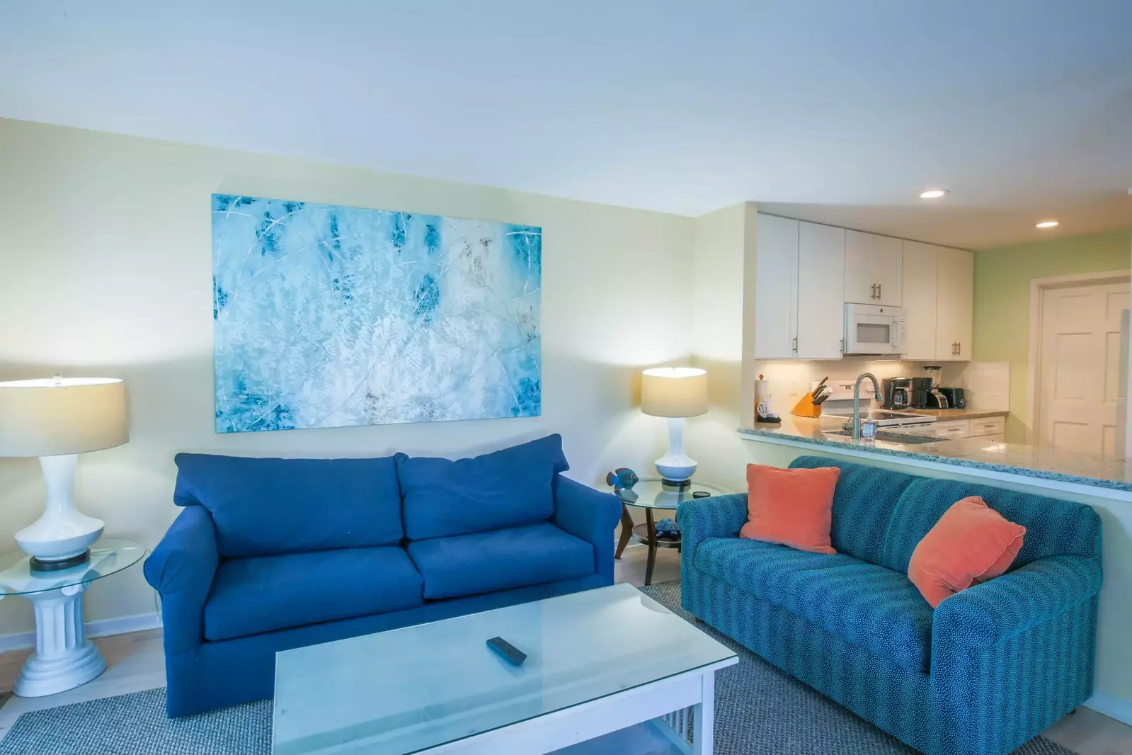 There are two comfortable sofas in the living room -- the solid blue sofa is a queen size sleeper sofa.
