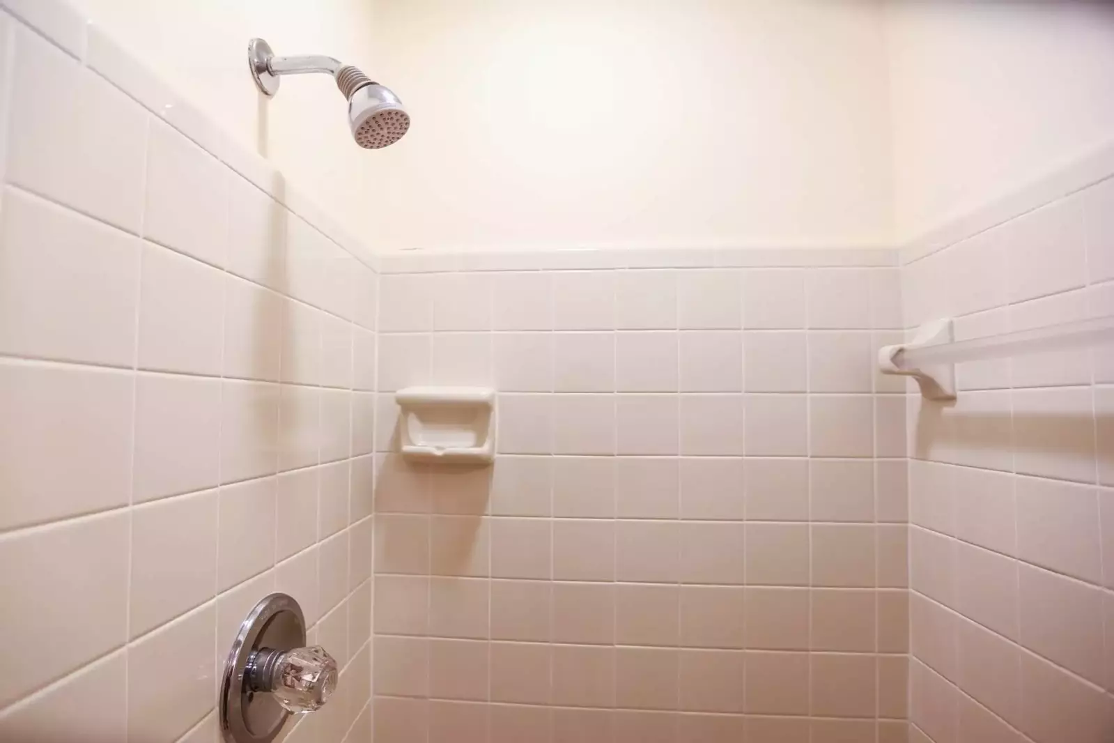 The bathroom has a tiled shower.