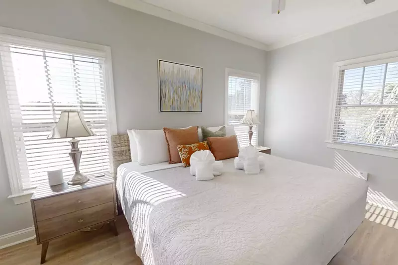 The primary suite is located on the second floor near the living room.