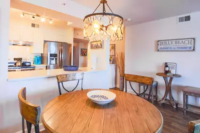 The beautifully renovated kitchen looks out onto the dining area.
