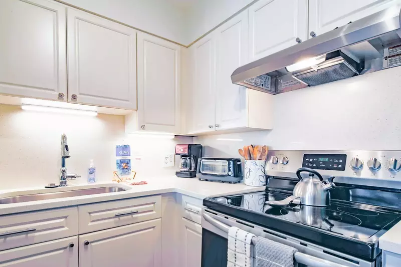 The kitchen features stainless steel appliances and beautiful countertops.