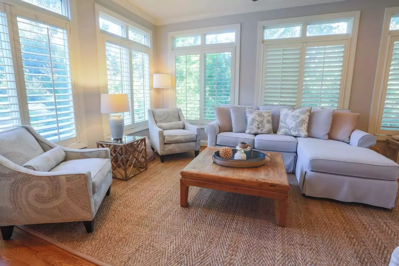 The family room receives terrific natural light through its six sets of windows.