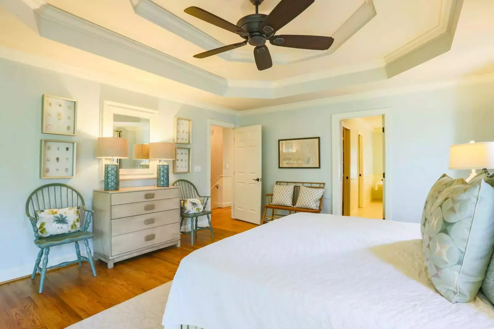 The master suite is located at the top of the stairs on the home's second floor.