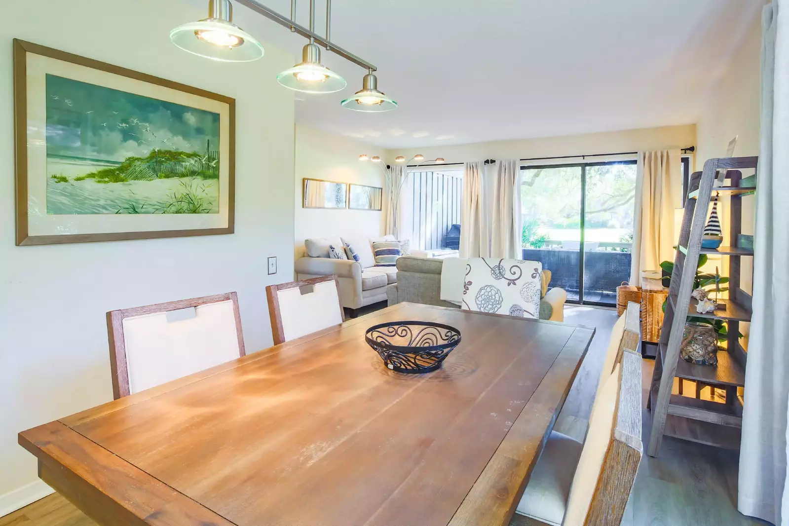 The large wood dining table seats 6.