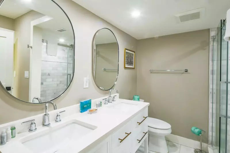 There is plenty of storage space in the master bathroom for your personal items.