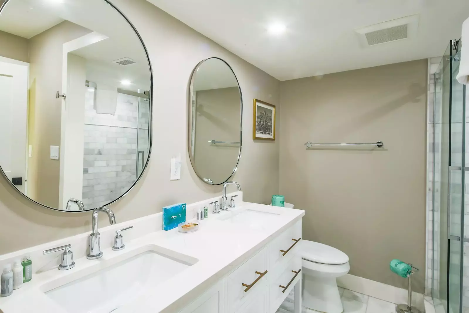 There is plenty of storage space in the master bathroom for your personal items.