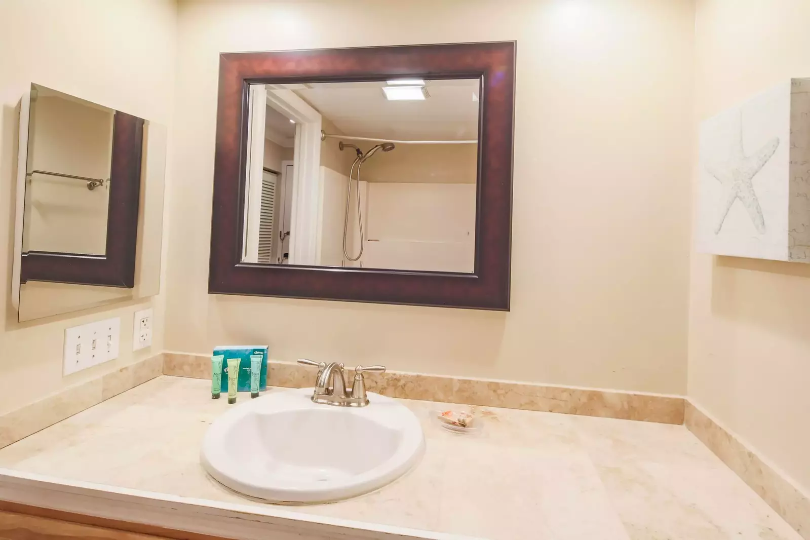 The bathroom features a spacious vanity and a shower/tub combo.
