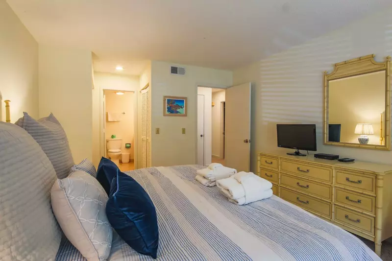 The master suite also features a dresser, small TV and en suite bathroom.
