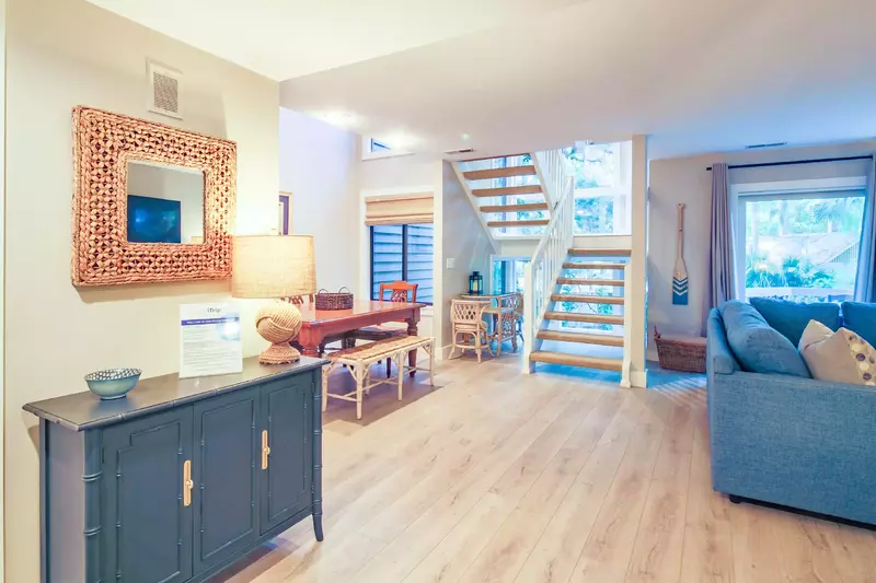 When you enter the front door, you'll find the home's entryway, living room dining area and stairs to the master suite.