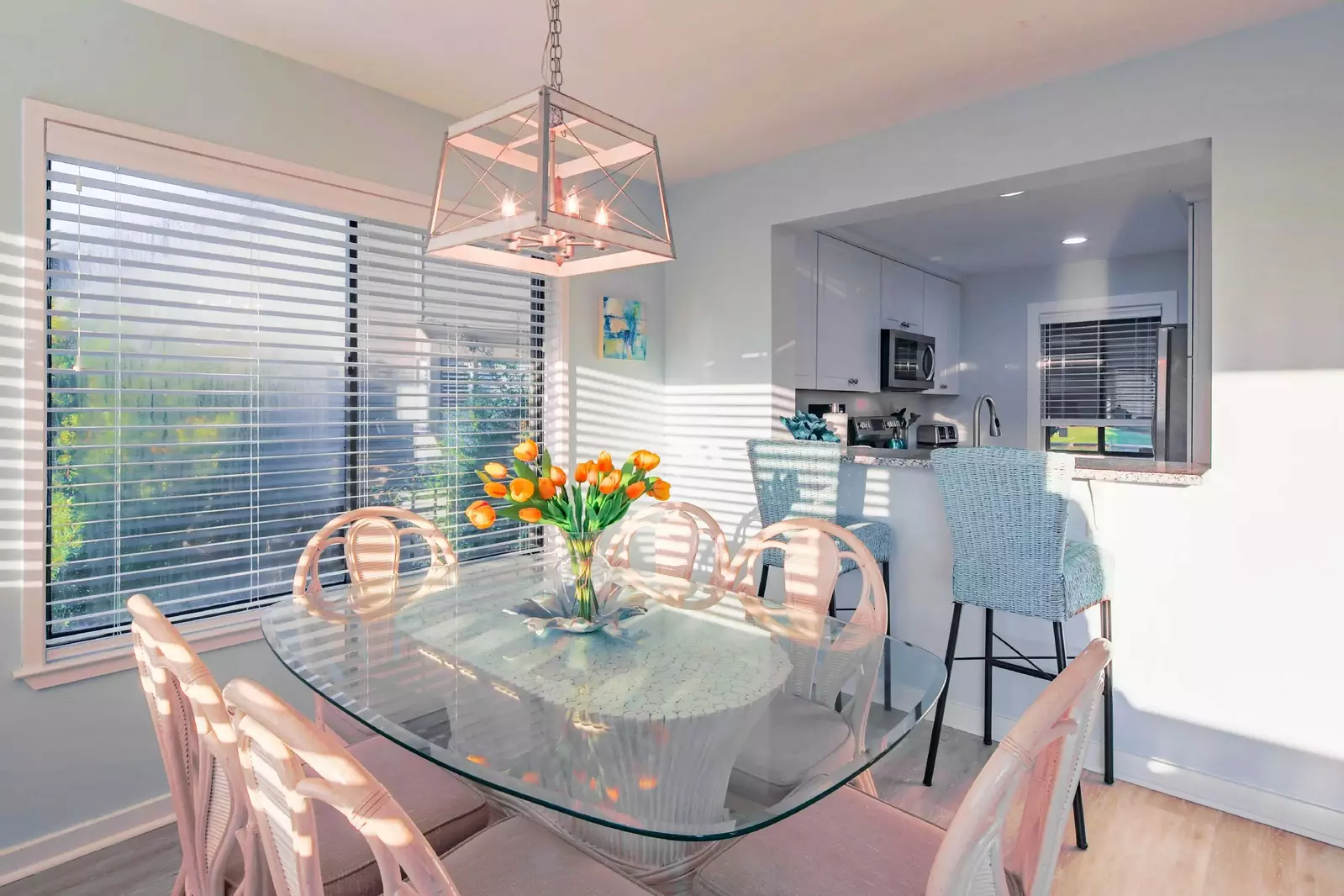 It is easy to interact with your guests in the kitchen, dining area and living room.