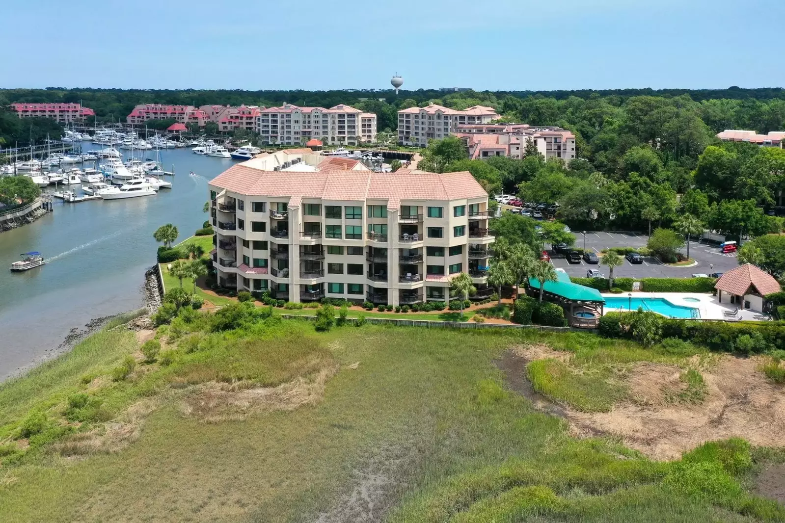 The Captains Quarters community is located alongside Broad Creek and Shelter Cove marina.