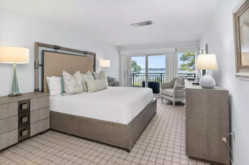There are two outdoor balconies with water views -- one in the master suite and one in the living room.