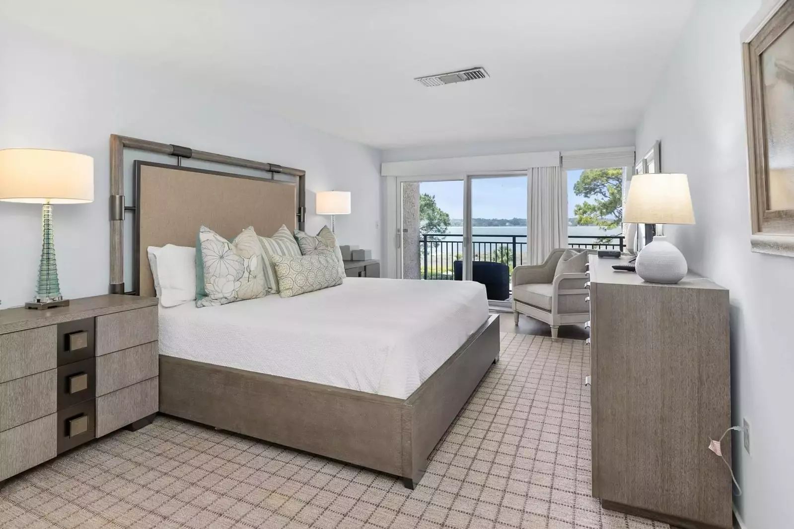 There are two outdoor balconies with water views -- one in the master suite and one in the living room.