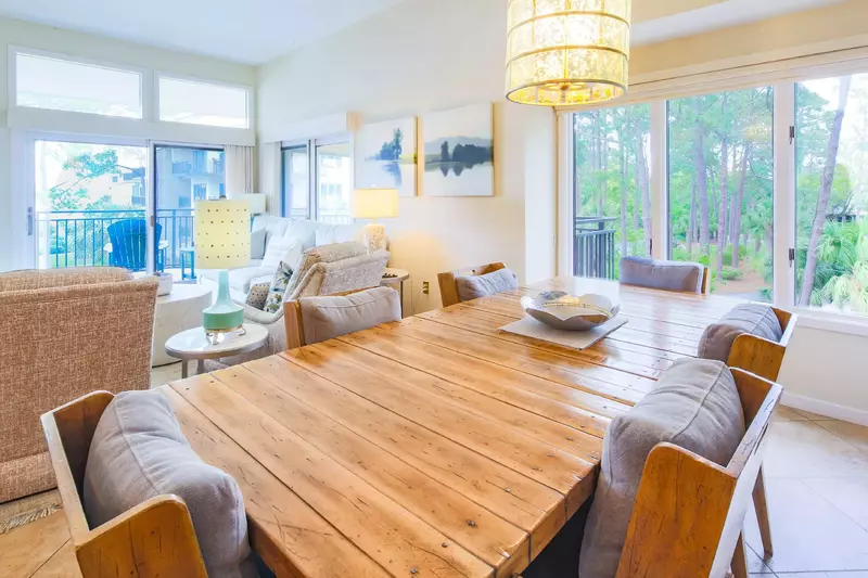 The indoor dining table seats 6 and the outdoor dining table seats 4.