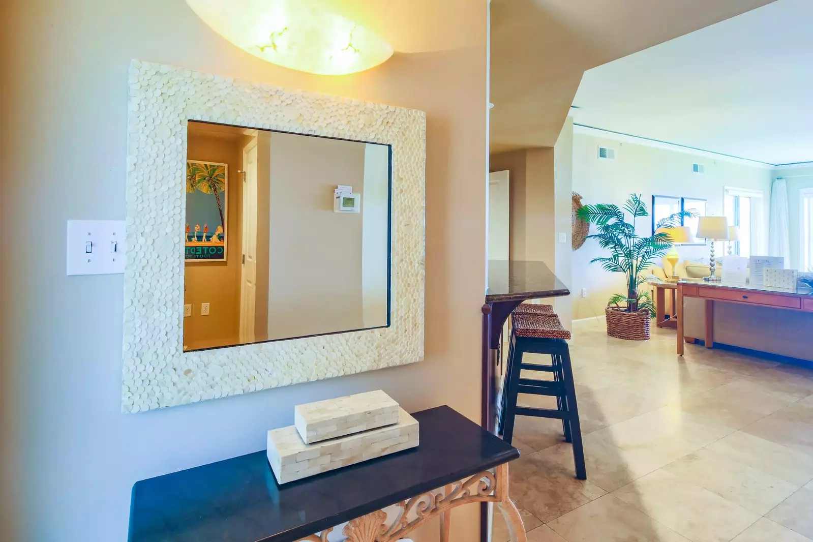When you enter the front door, you'll find the kitchen and living room.