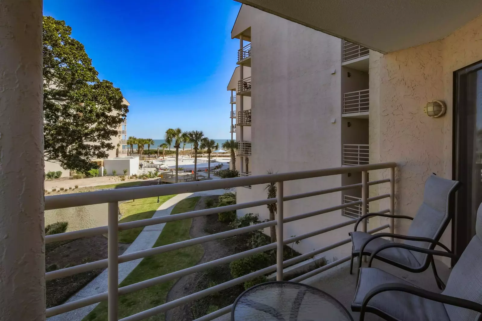 This covered balcony also features ocean views.