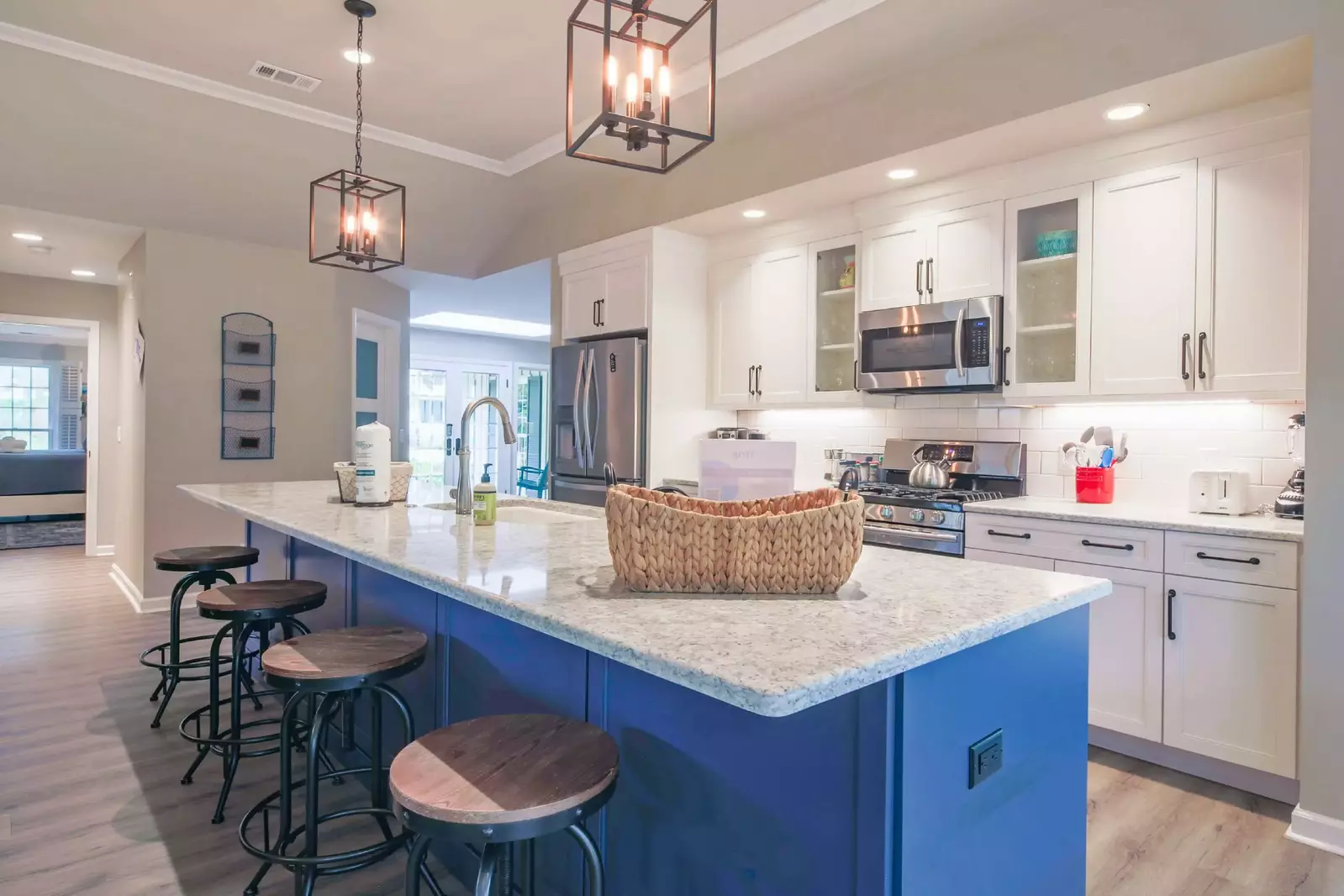 This comfortably renovated home features a spacious kitchen.
