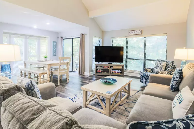 The entryway leads into this comfortable living room and dining area.