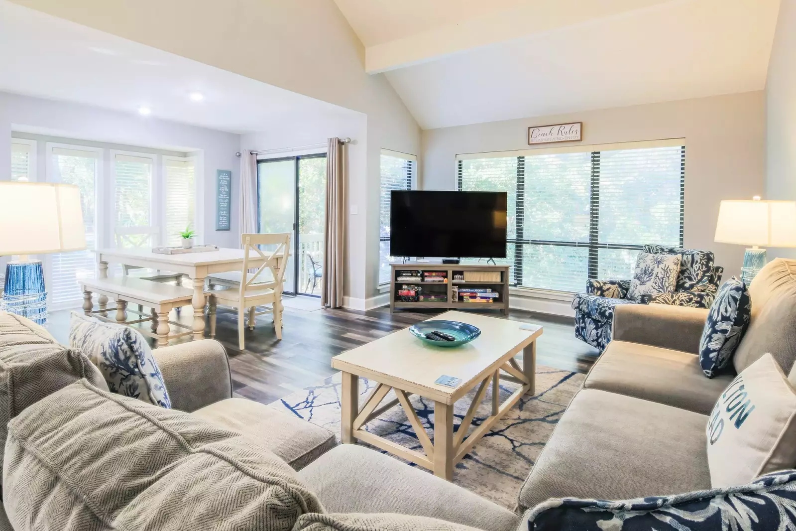 The entryway leads into this comfortable living room and dining area.