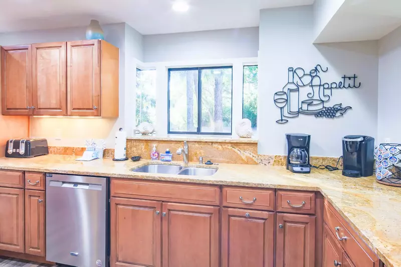 There is also a coffee station with a Keurig and drip coffee maker.