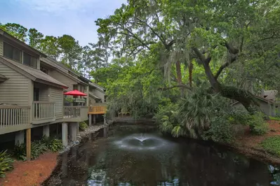 This lagoon runs along the backside of the building in which Calm Villa Sea Pines is located.