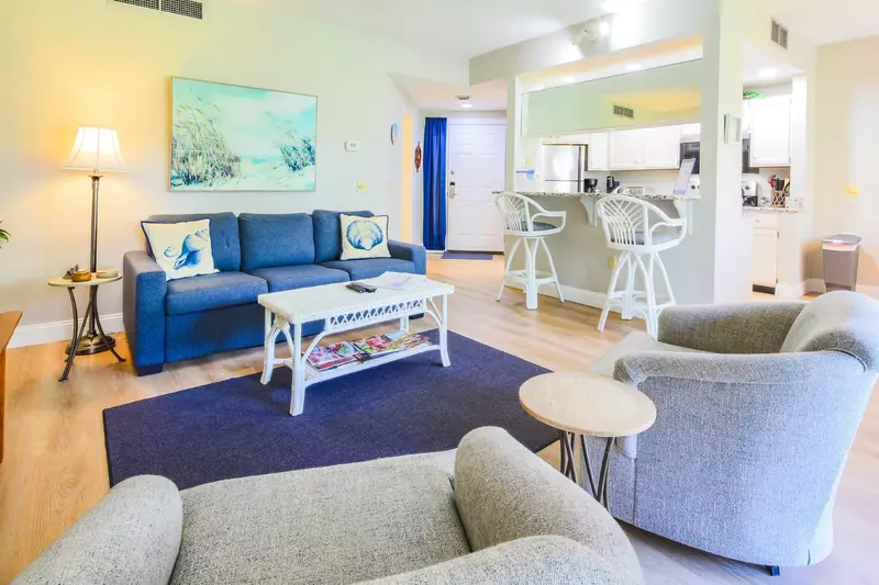 When you enter the front door, you'll find the kitchen and living room.