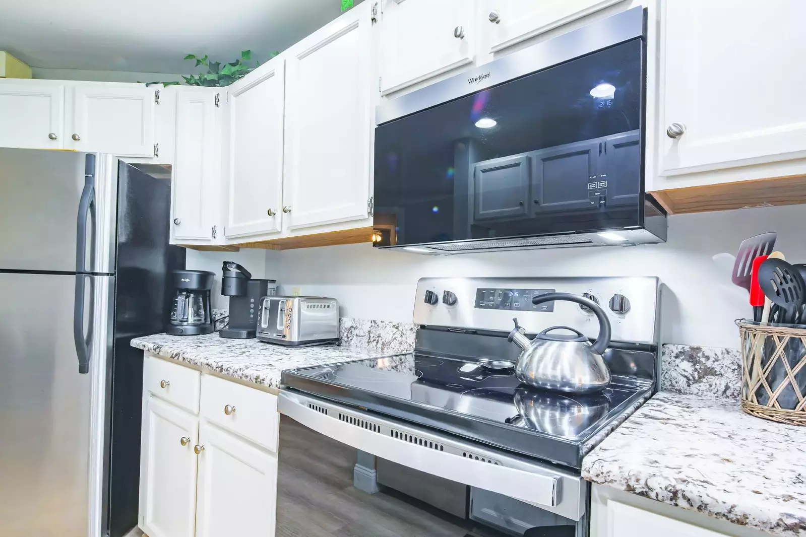 There is a refrigerator, range, microwave, toaster, drip coffee maker and keurig in the unit.