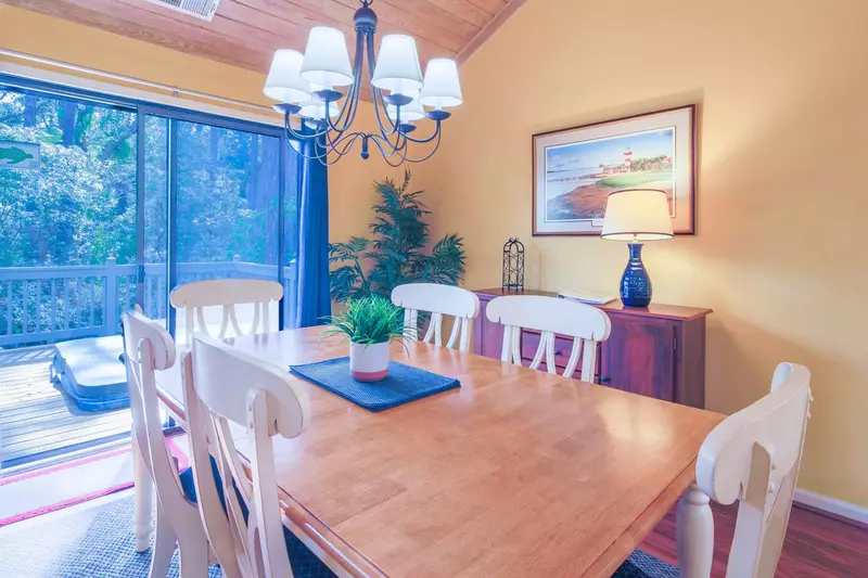 The indoor dining table seats 6.
