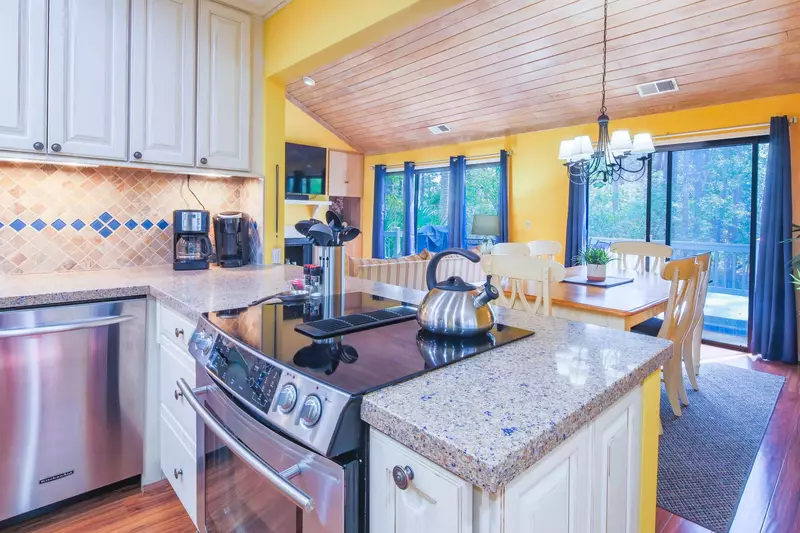 The kitchen looks opens onto the dining area.