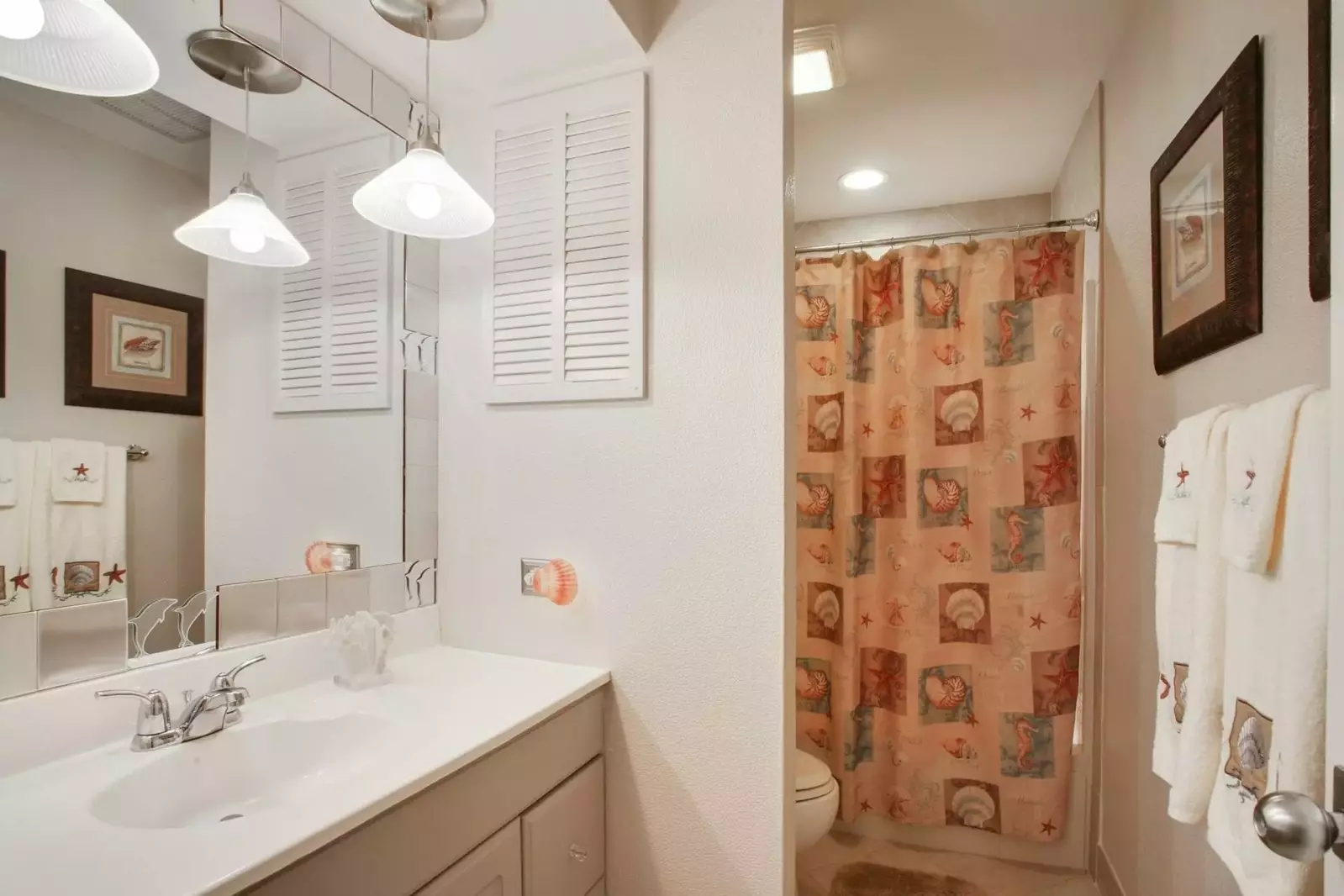 2nd full bathroom with shower over tub and large single vanity