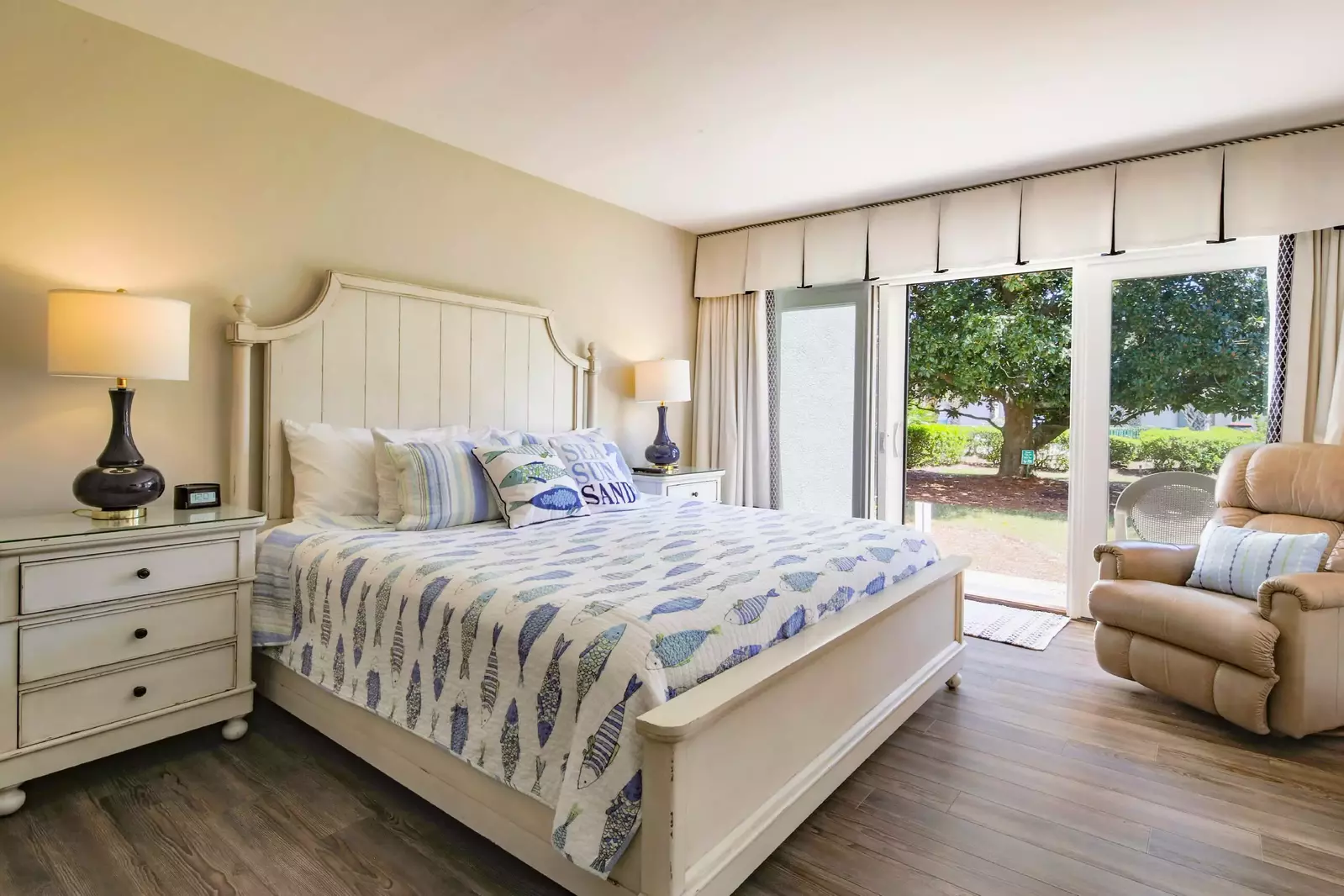 The master suite and queen suite each have sliding door access to the back patio.