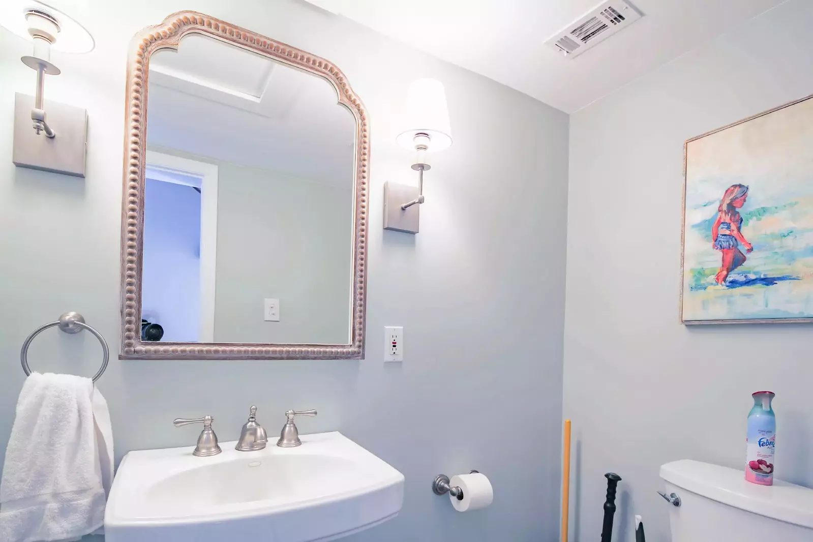 There is a half bathroom on the second floor near the living room.