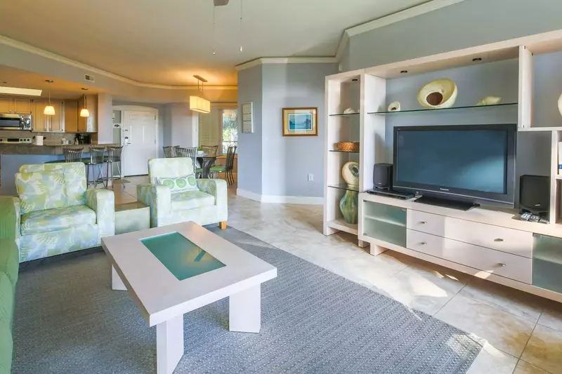 When you enter the front door of Green Sea Turtle, you'll find the dining area, kitchen and living room.