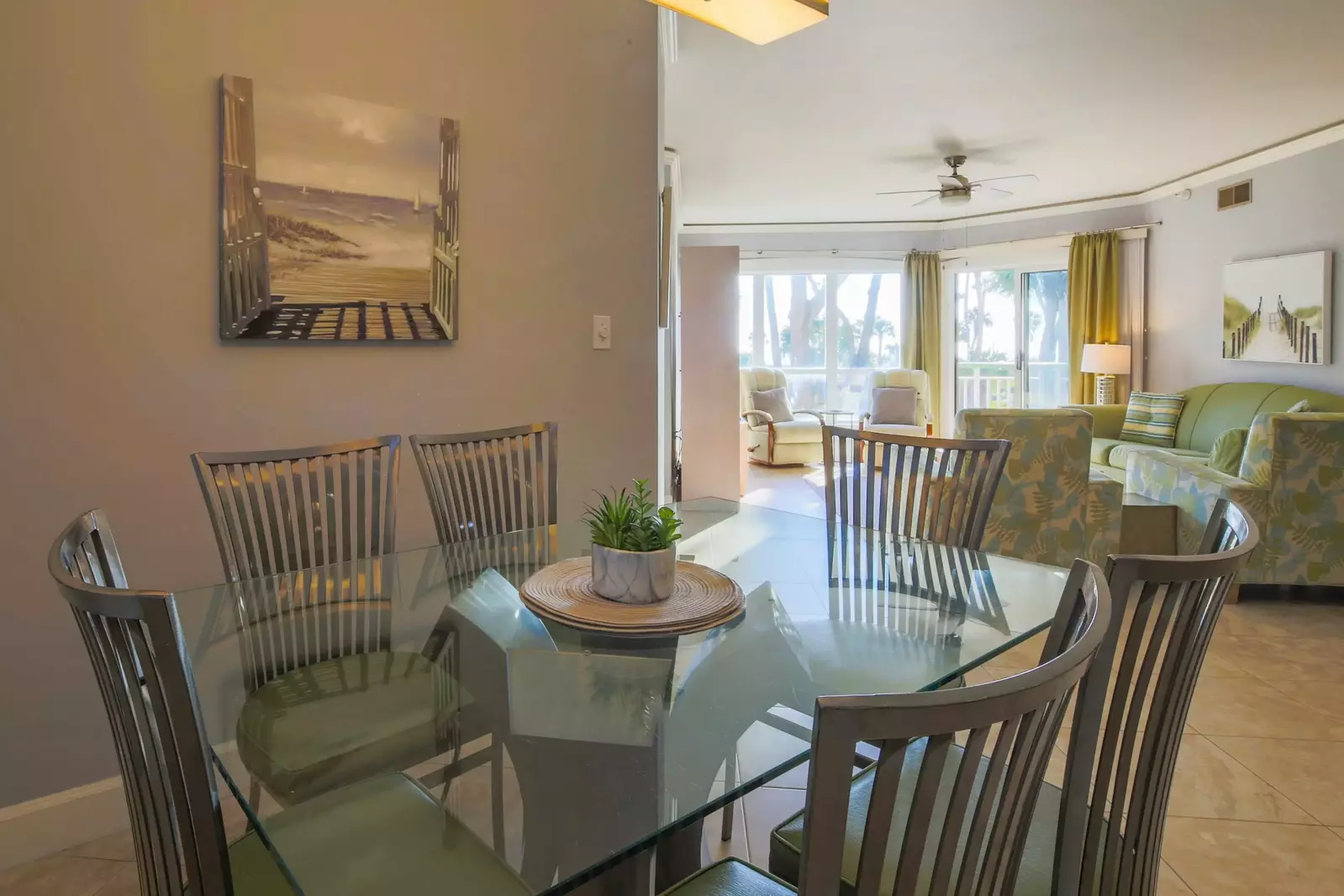 The dining table comfortably seats 6.