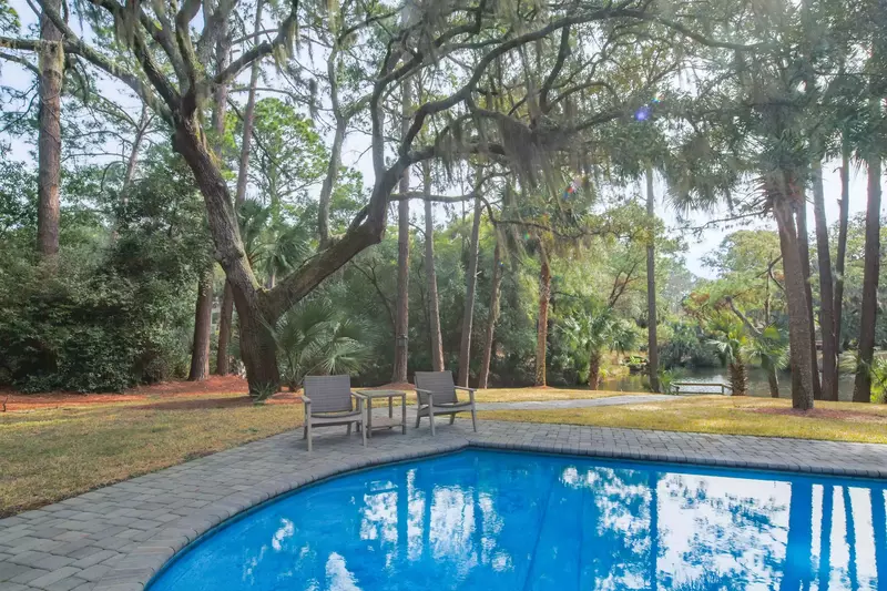 The backyard is lined with the Lowcountry's finest - live oak trees, palmetto trees and pine trees.