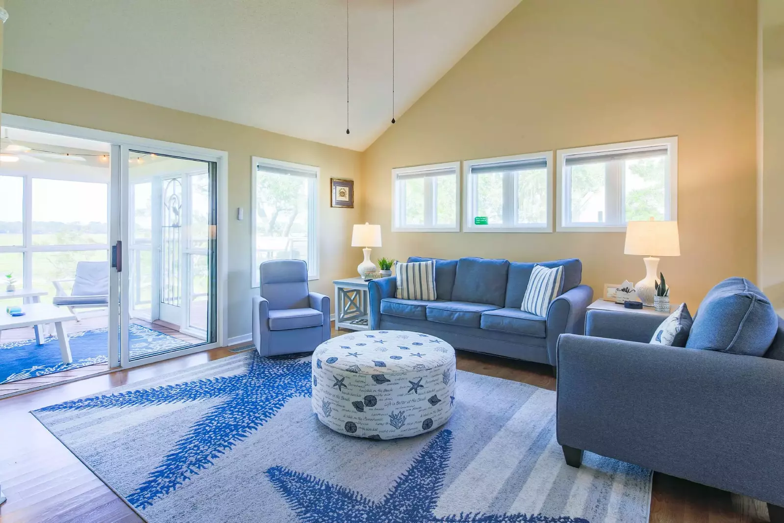 Crab Cove features vaulted ceilings, coastal decor and terrific outdoor areas with marsh views.
